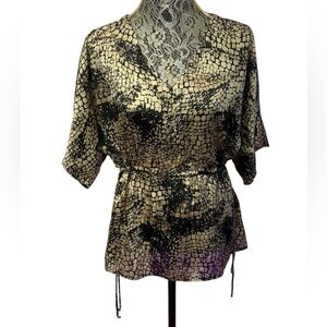 PaulnKC Brown and Tan Relaxed Tie Front Blouse with Notched Collar